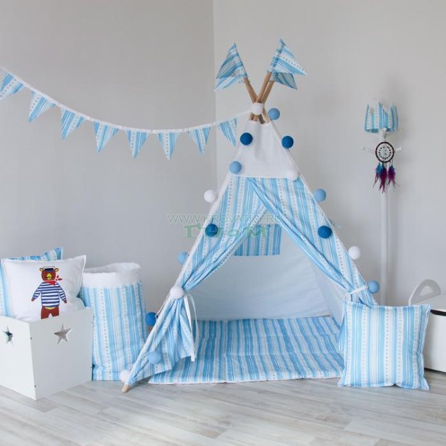 Большой вигвам Blue Stripes с окном и карманом, Арт. vv011008 Большой вигвам Blue Stripes с окном и карманом, Арт. vv011008
